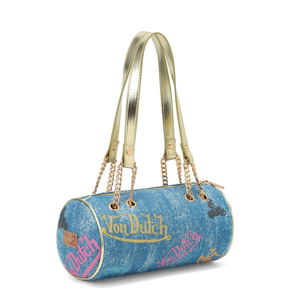 Von Dutch Denim Barrel Bag Y2K Blue Multi Logo Patch Gold Chain Strap Small - Picture 5 of 9